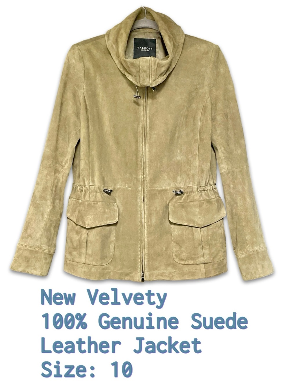New 100% Genuine Leather Suede long Utility Jacket olive green size 10 funnel